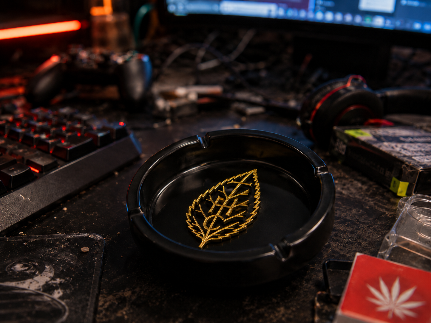 THC Gold Leaf Ashtray on desk