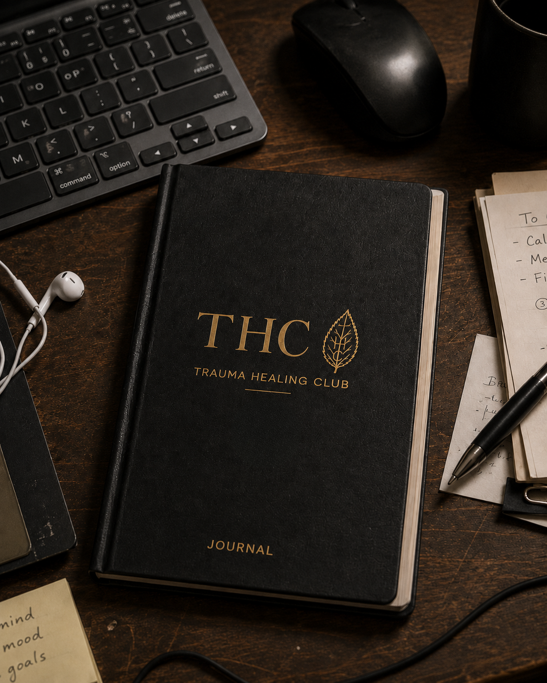 THC Trauma Healing Club Journal with gold foil leaf logo on matte black cover
